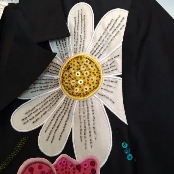 Y2K Vintage Black 100% Silk Jacket w Floral Textured Art Simply Stunning! Sz10 - Picture 3 of 14